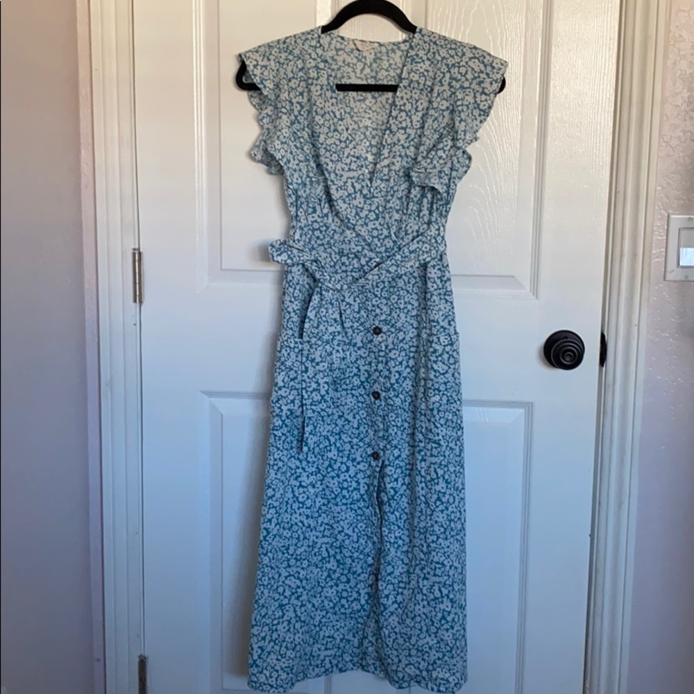 Turquoise floral maxi dress ruffled sleeves